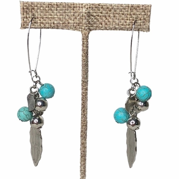 Faux Turquoise and Silver Feather Cluster Earrings - Picture 4 of 6